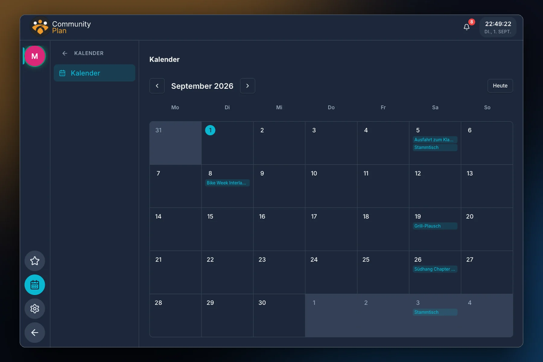 Community Plan Monatskalender mit eingetragenen Vereinsterminen
