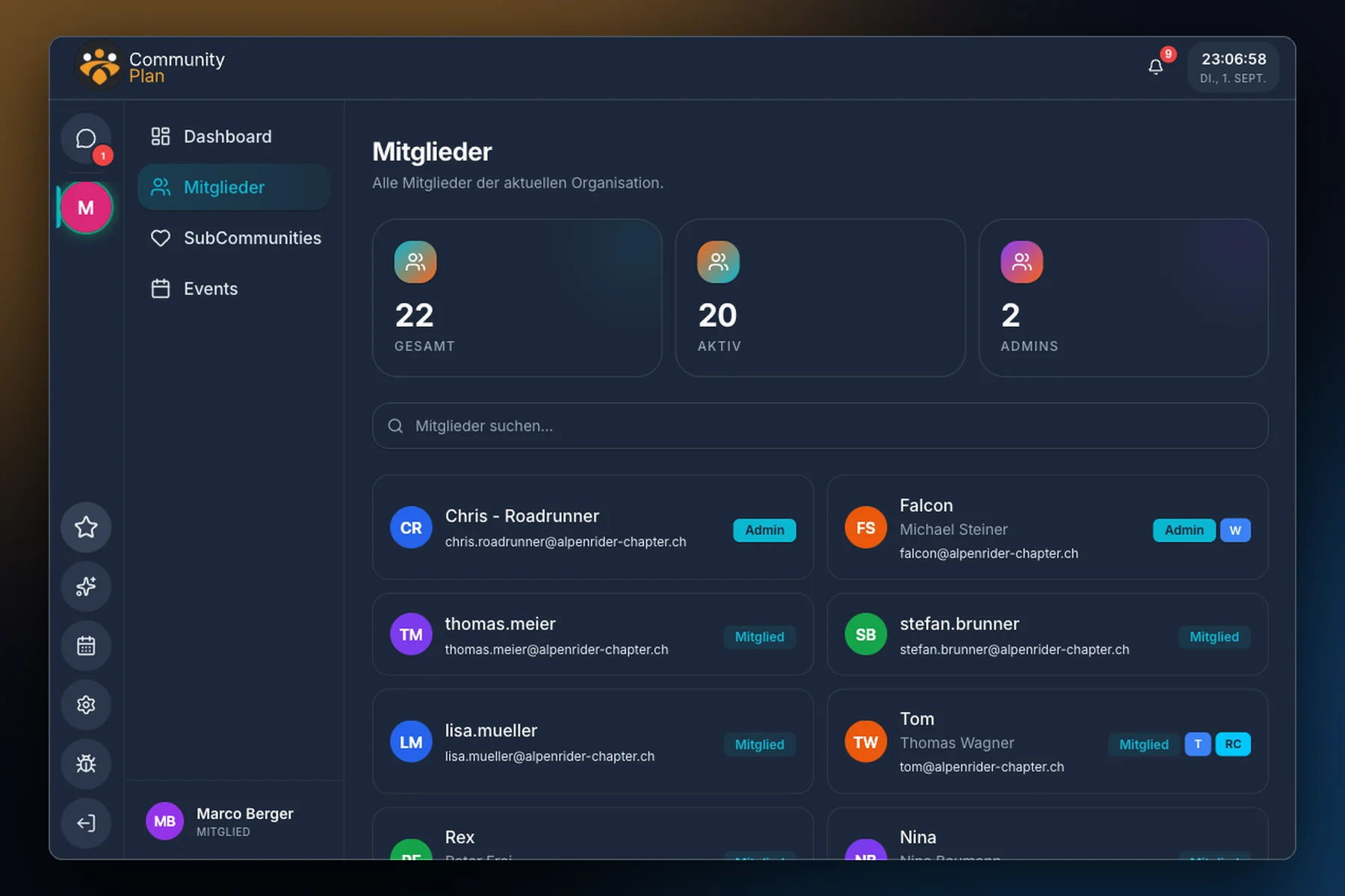 Community Plan Mitgliederuebersicht mit Rollen, Suche und Kontaktdaten